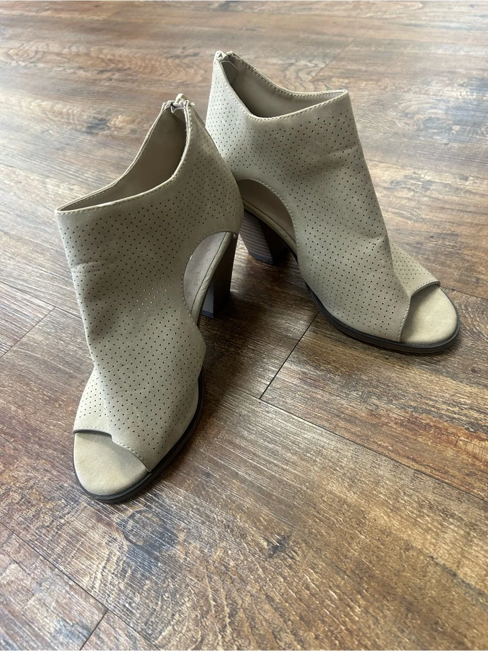 Women's Perforated Peep-Toe Ankle Booties in Taupe
